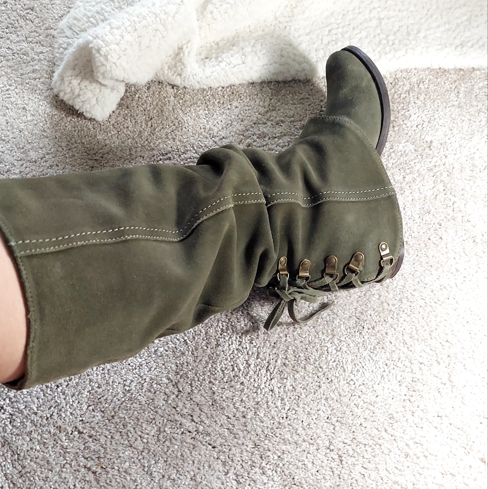 Naughty Monkey Vintage Olive Green Knee-High Boots Size 7